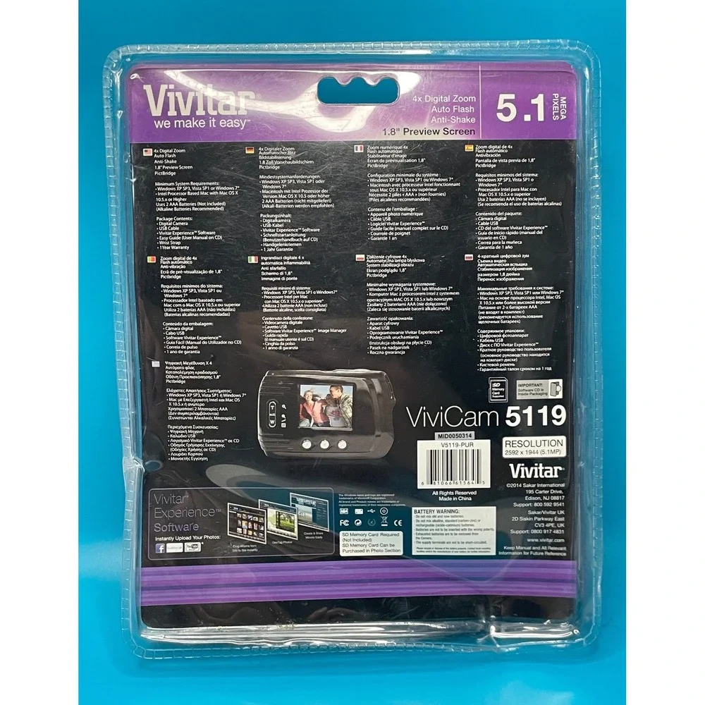 Vivitar ViviCam 5119 Digital Camera Purple 5.1MP 4x Zoom New Sealed V5119-PUR